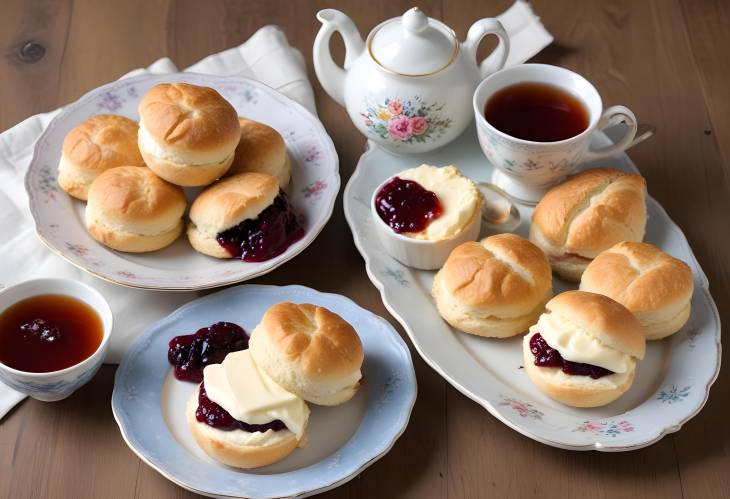 Clotted Cream Tea Feast Fresh Scones with Jam and Cream Accompanied by Tea