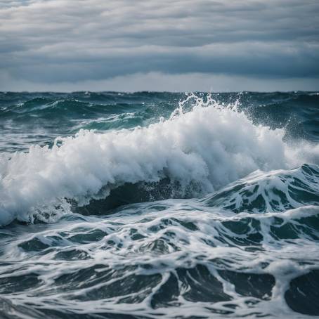 Cloudy Blue Sky Over Foamy Sea Waves Crashing Against Water