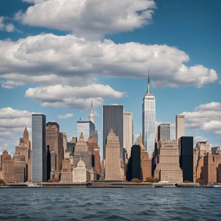 Cloudy Blue Sky Over Manhattans Skyscrapers and New York Bay