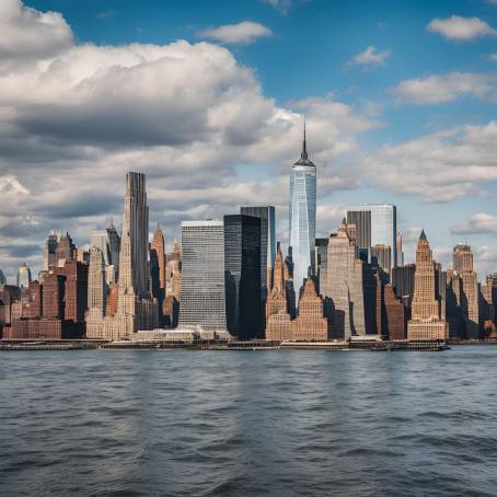 Cloudy Blue Sky Over Manhattans Skyscrapers and New York Bay