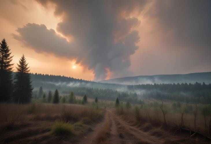 Cloudy Evening Sky Over Countryside Forest with Fire Smoke Cover