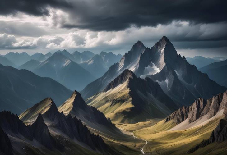 Cloudy Sky and Sharp Mountain Peaks with Deep Valleys