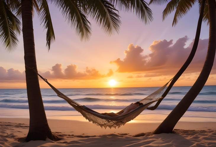 Coastal Sunset with Hammock Swaying Between Palm Trees and Gentle Ocean Waves Rolling In