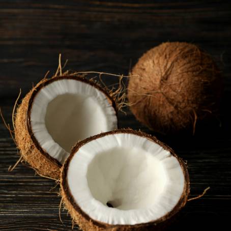 Coconut Half and Slice Isolated on White Coco Nut with Leaf and Piece, Full Depth Focus