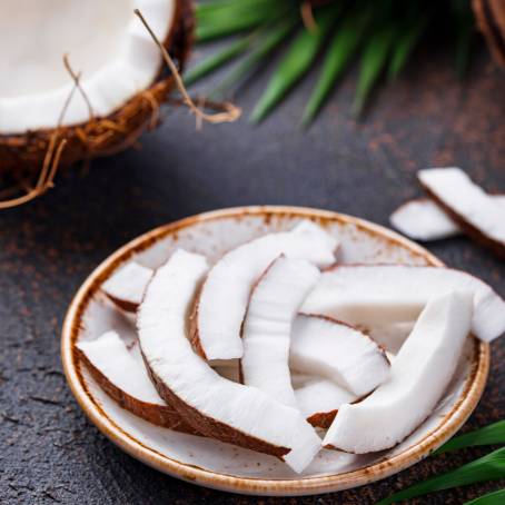 Coconut Half with Slice and Piece Isolated on White Background Coco Nut with Leaf, Full Depth