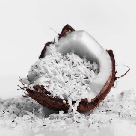 Coconut Isolated on White Half with Slice and Piece, Coco Nut with Leaf, Full Depth of Field