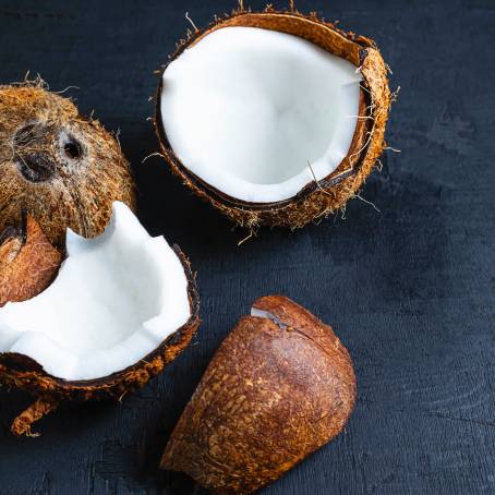 Coconut Isolated with Half, Slice, and Piece on White Coco Nut with Leaf, Full Depth Focus