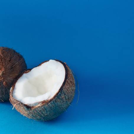 Coconut on White Background Half, Slice, and Piece Isolated with Leaf, Full Depth of Field