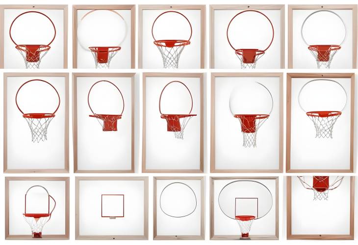 Collage of Basketball Hoops from Different Sides Isolated on White Background Comprehensive