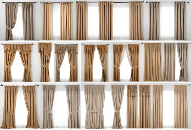 Collage of Elegant Window Curtains Isolated on White Various Styles and Designs