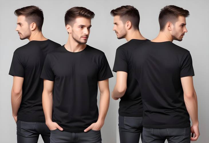 Collage of Man in Black T Shirt on White Background, Front and Back Views, Mockup Design, Shirt