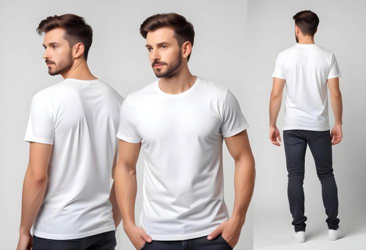 Collage of Man in Stylish T Shirt, Front and Back Views on White Background, Design Mockup