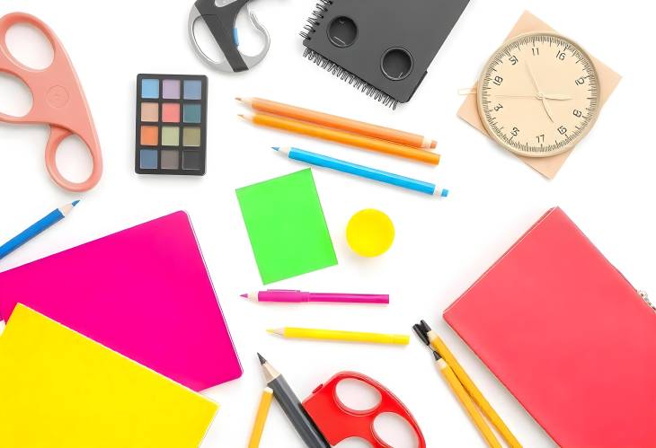 Collage of Top View School Supplies Isolated on White Background for Learning