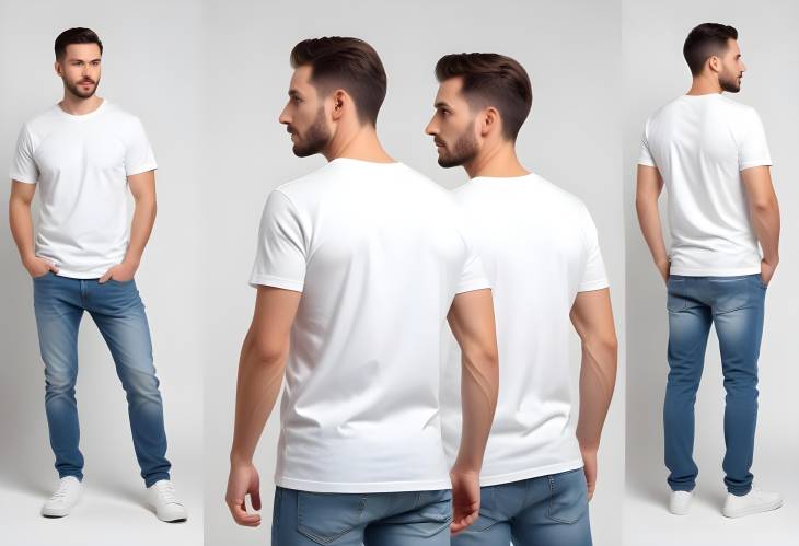 Collage with Man in Stylish T Shirt on White Background, Front and Back Views Mockup Design