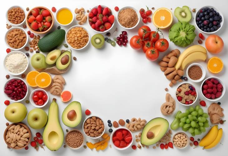 Colorful Assortment of Healthy Foods on White Table Flat Lay of Fruits and Vegetables