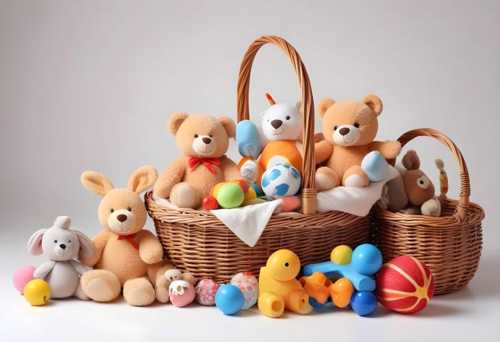 Colorful Assortment of Kids Toys in Wicker Basket Isolated on White Background for Vibrant Imagery