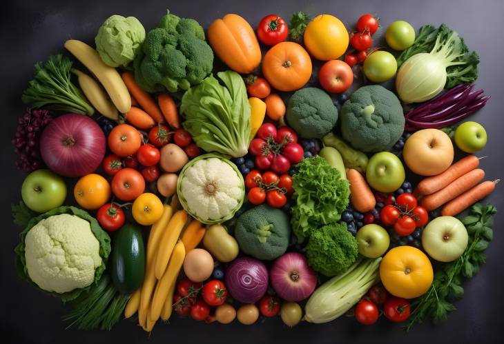 Colorful Assortment of Organic Vegetables and Fruits, Perfectly Arranged for a Fresh Look