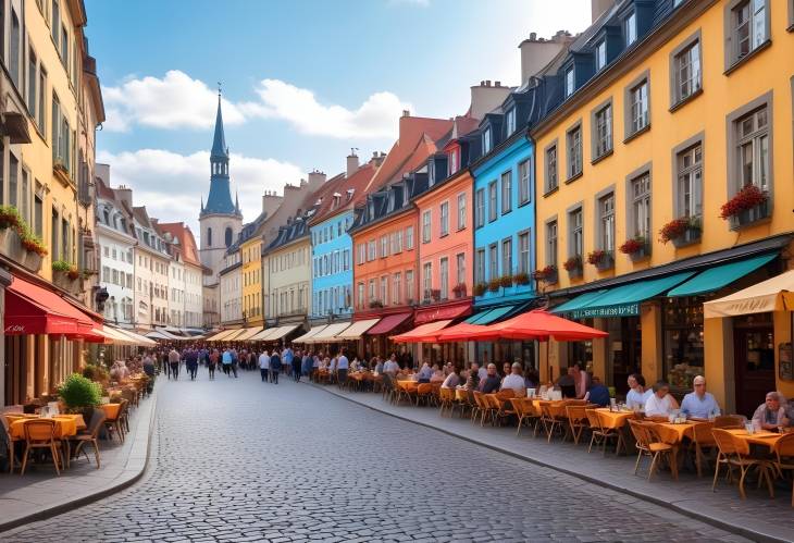 Colorful Buildings and Bustling Cafes in a Historic European City Street Scene