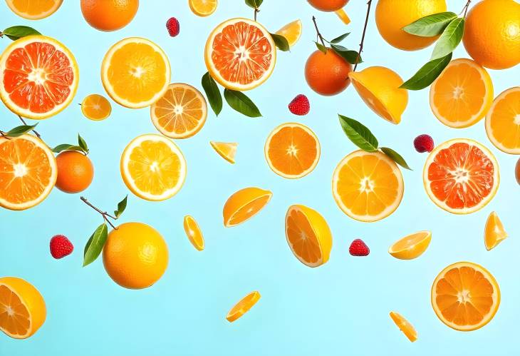 Colorful Citrus and Fruits in Flight