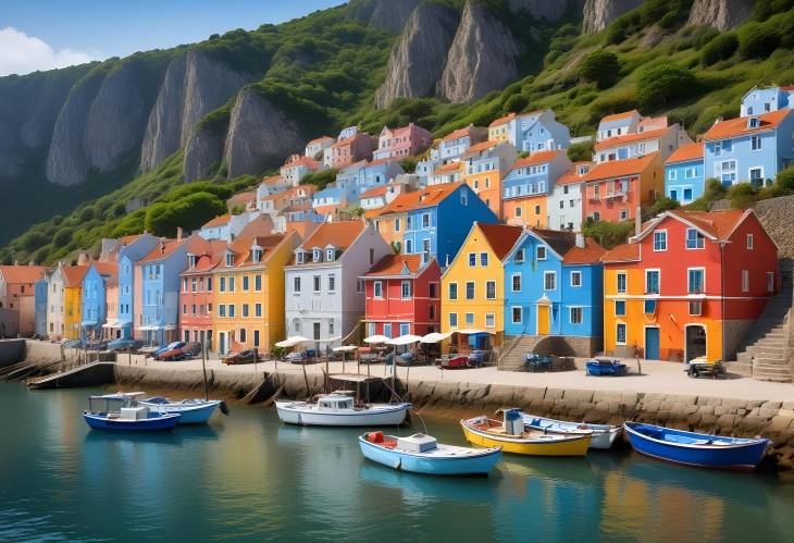 Colorful Coastal Village with Charming Houses and Fishing Boats in the Harbor