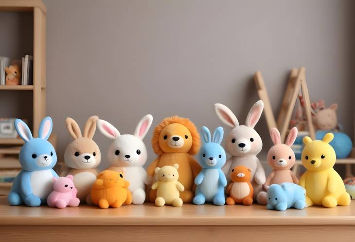 Colorful Collection of Adorable Toys on Wooden Table in a Cozy and Fun Childrens Room