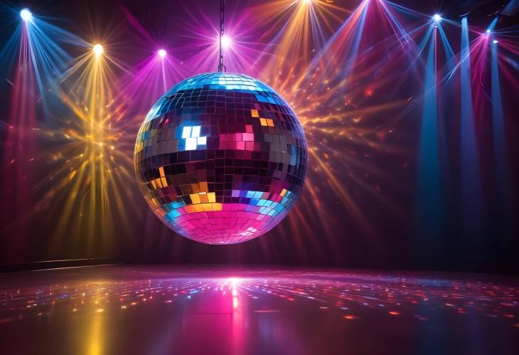 Colorful Disco Mirror Ball Shines Brightly with Party Lights at Vibrant Nightclub