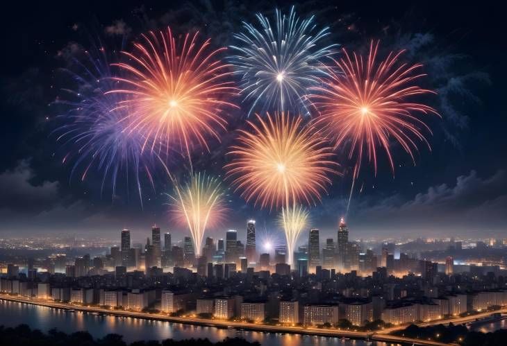 Colorful Fireworks Exploding Vibrant Night Sky Over a Stunning Cityscape