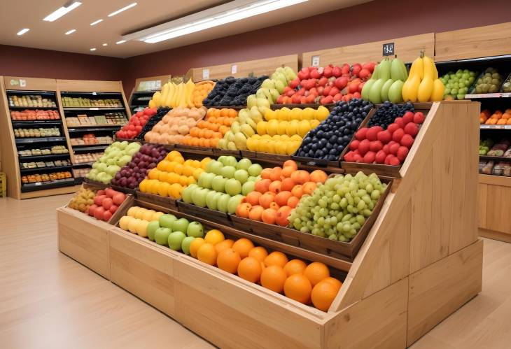 Colorful Fruits Displayed on Wooden Boxes in Supermarket Modern Store Interior with Soft Lighting