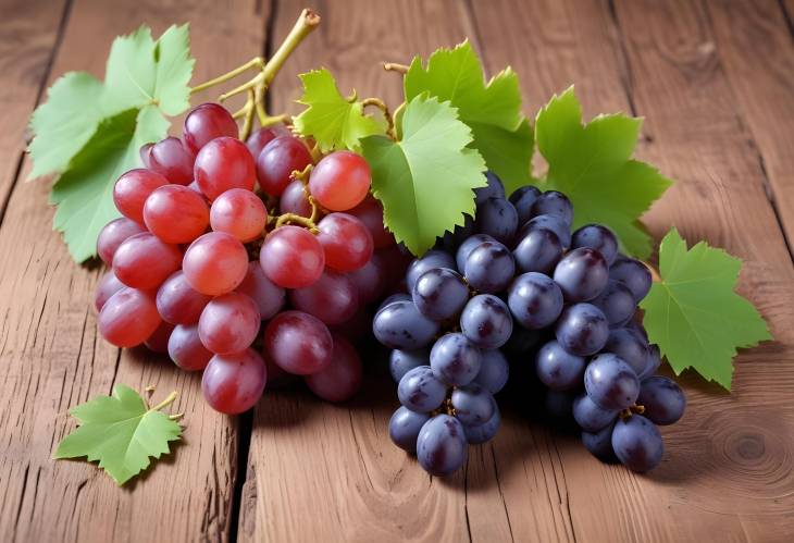 Colorful Grapes with Leaves on Rustic Wooden Surface