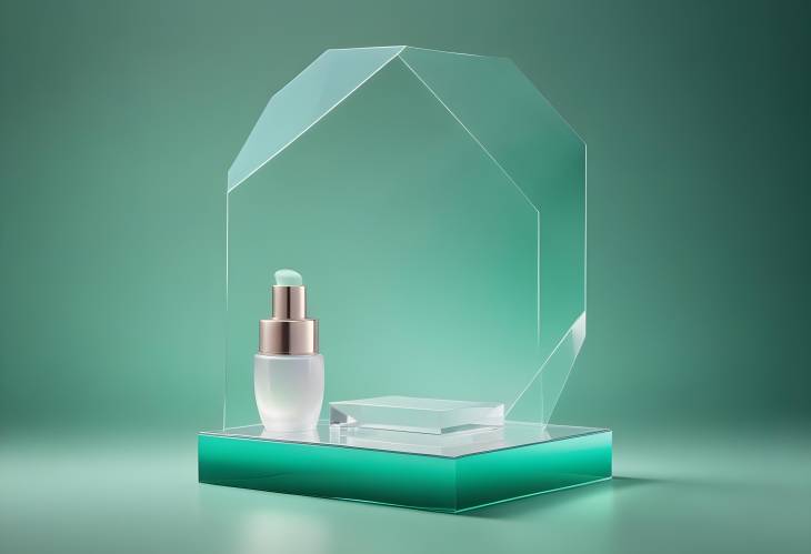 Colorful Green Ombre Background with Crystal and Acrylic Podium, Geometric Transparent Stand