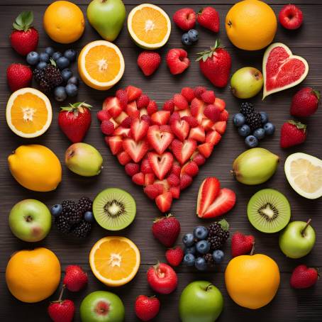 Colorful Heart Shaped Arrangement of Fruits Healthy Eating Concept on Wooden Table