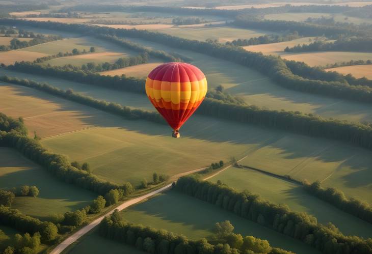 Colorful Hot Air Balloon Drifting Over Rolling Countryside  Majestic Aerial View