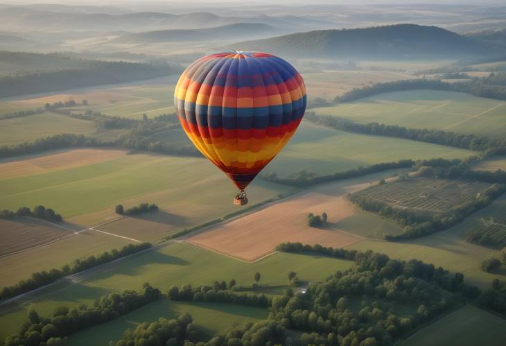 Colorful Hot Air Balloon Floating Over Rural Region  Majestic Aerial View