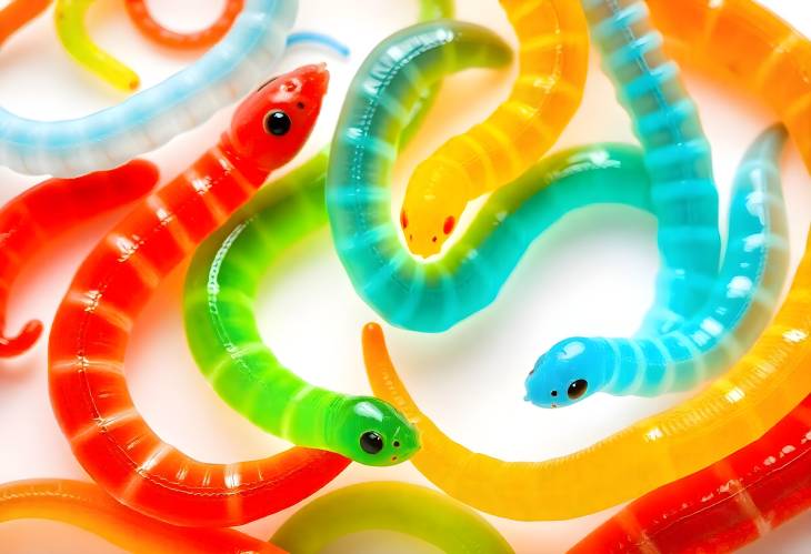 Colorful Jelly Worms and Snakes Isolated Fun and Sweet Candy on White Surface