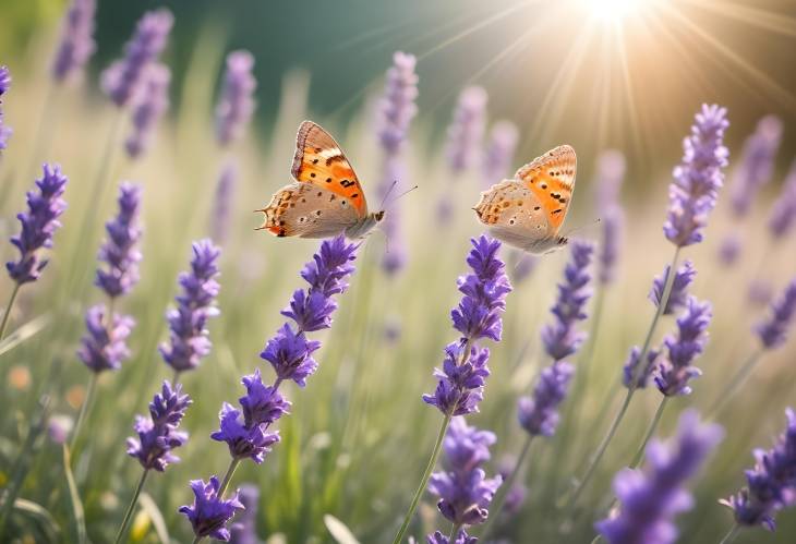 Colorful Lavender Flowers and Butterflies in Rays of Summer Sunlight with Soft Focus