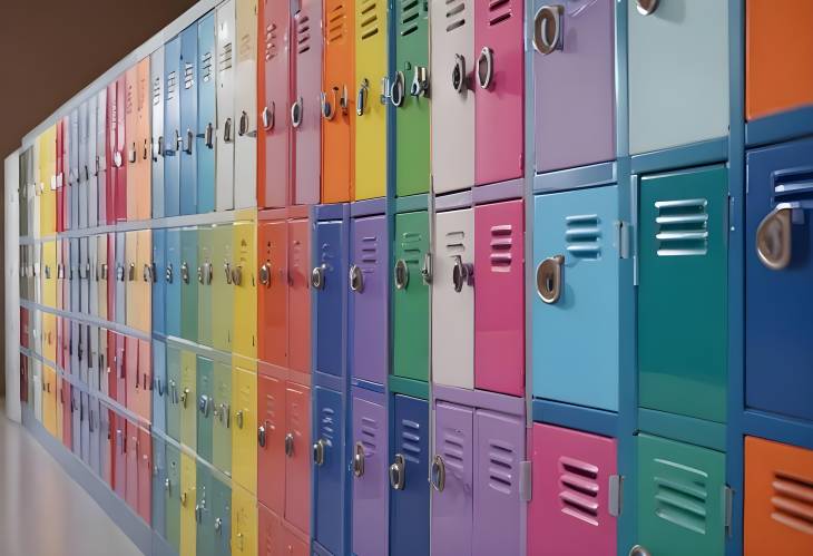 Colorful Lockers with Handles Close Up Ideal for Vibrant Office and School Storage Photography