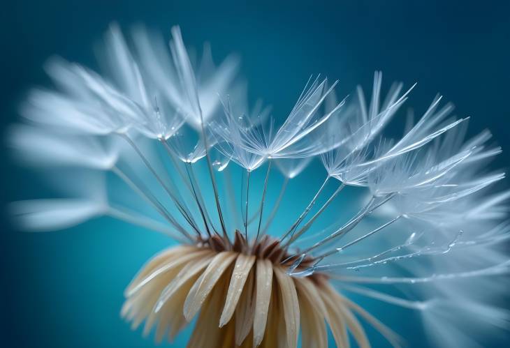 Colorful Macro of Water Drop on Dandelion Seed with BlueTurquoise Background