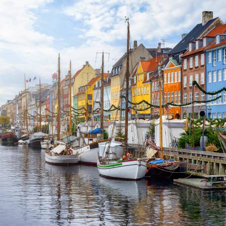 Colorful Nyhavn in Copenhagen with Street Light and Canal View