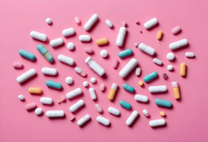 Colorful Pills and Medicine Bottles Arranged on Pink Background, CloseUp Top View of Tablets and