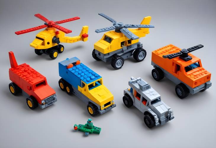 Colorful Plastic Block Toys Helicopter, Airplane, Locomotive, and Robot Models on White Background