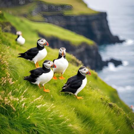 Colorful Puffin Flock on Mykines Islands Cliffs, Faroe Islands  Atlantic Ocean Wildlife Photography