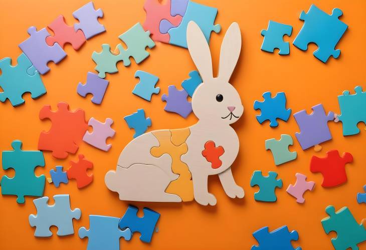 Colorful Puzzle Pieces and Toy Bunny on Orange Background  Concept of Autism Awareness