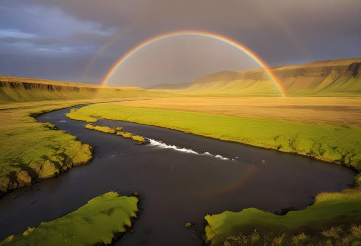 Colorful Rainbow Spanning Krossa River, Porsmoerk, Iceland A European Wonder