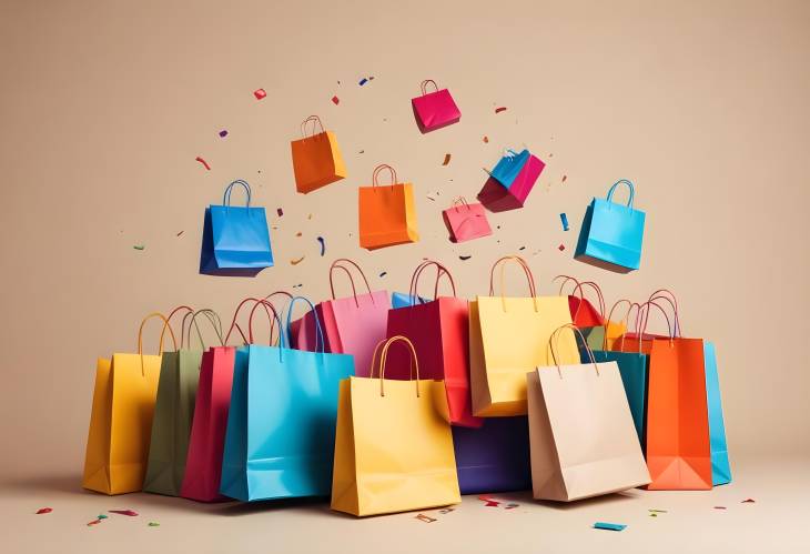 Colorful Shopping Bags Falling on Beige Background  Energetic Retail Scene with Vibrant Hues