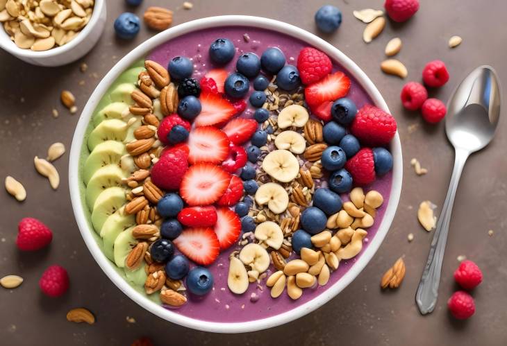 Colorful Smoothie Bowl with Berries, Nuts, and Honey Drizzle