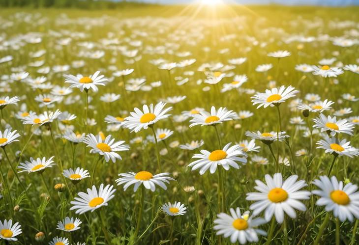 Colorful Spring and Summer Meadow with Daisies  Panoramic Sun Drenched Landscape of Wildflowers