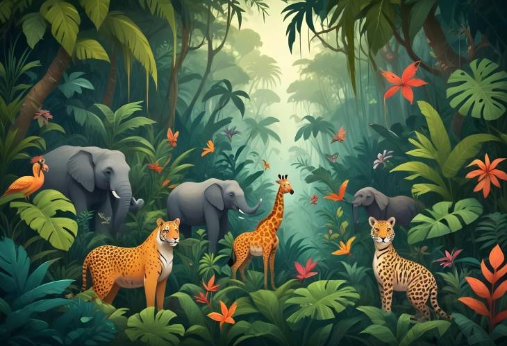 Colorful Stylized Jungle with Exotic Animals and Rich Foliage