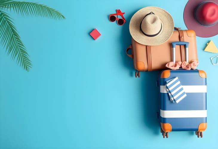 Colorful suitcases with beach accessories against a blue backdrop, ideal for travel and holiday ads