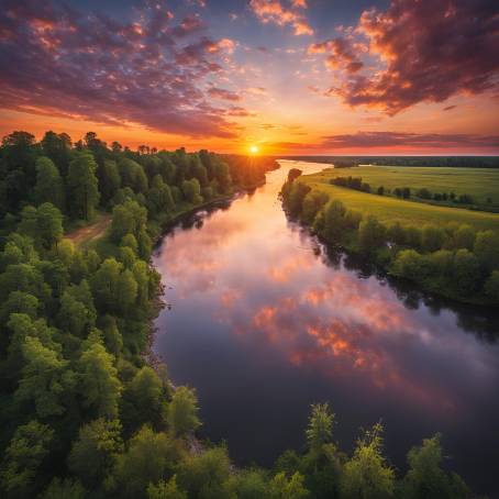 Colorful Sunrise and Sunset Over Wide River Beautiful Reflections