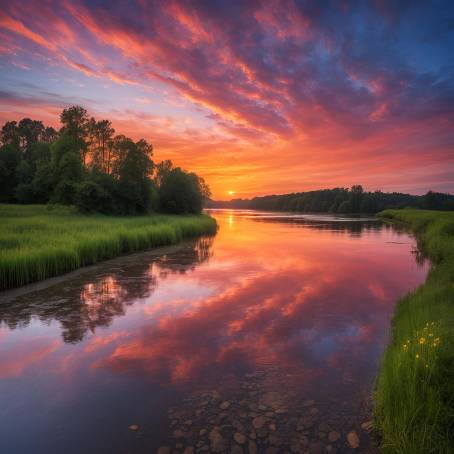 Colorful Sunrise and Sunset Over Wide River Reflections and Hues